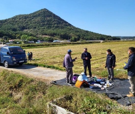 2.불갑면은 지난 18일 벼 수확기를 맞이하여 불갑면 안맹리 벼베기 현장을 방문하여 애로사항을 청추이하고 수확의 기쁨을 함께했다..jpg